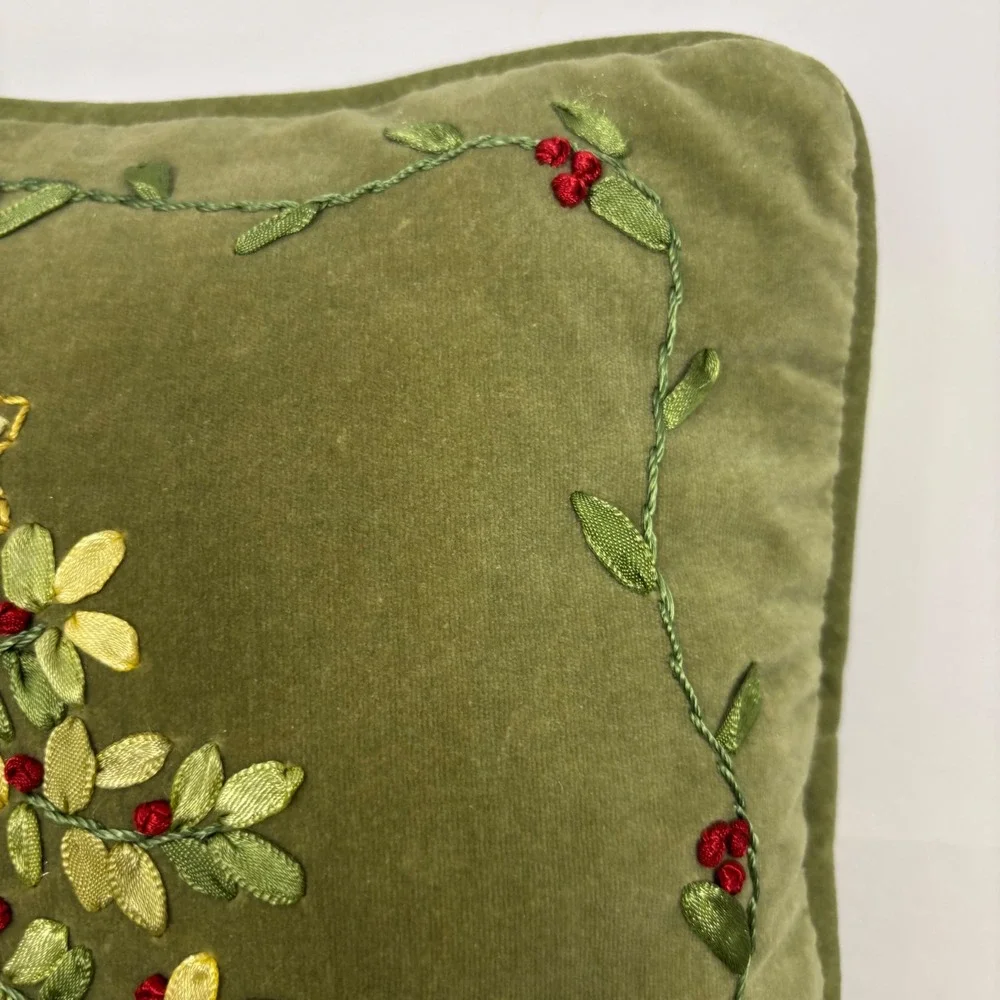Vtg Christmas Tree Ribbon Embroidery Velvet Throw Pillow Sage Green Holiday
